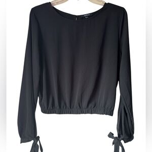 AMBIANCE Black Long-Sleeve Cropped Tie-Cuff Polyester Blouse Size Large